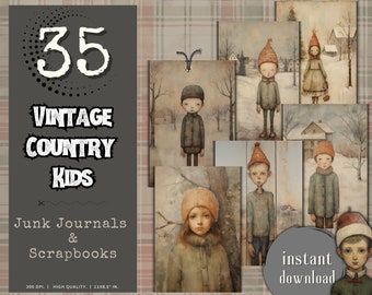 May include: A set of 35 digital printable images featuring vintage country children in winter scenes. The images are perfect for scrapbooking, junk journaling, and other creative projects. The images are high quality and 300 DPI.