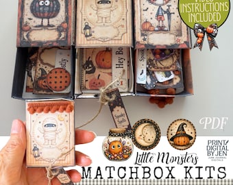 Little Monsters Matchbox Kit, Halloween Printable PDF, 3 Vintage Junk Journal Designs