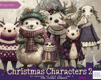 Christmas Character Clipart Set, Winter Animals (PNG)