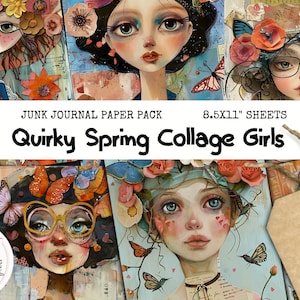 Quirky Spring Collage Girl Junk Journal Cards and Papers, Pagine di tecniche miste, Effimere stravaganti, Carte ATC, Pacchetto di carta per collage, Stampabile