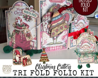 Christmas Critters Tri Fold Folio Kit, Christmas Junk Journal Printable, Holiday Ephemera, Digital Download