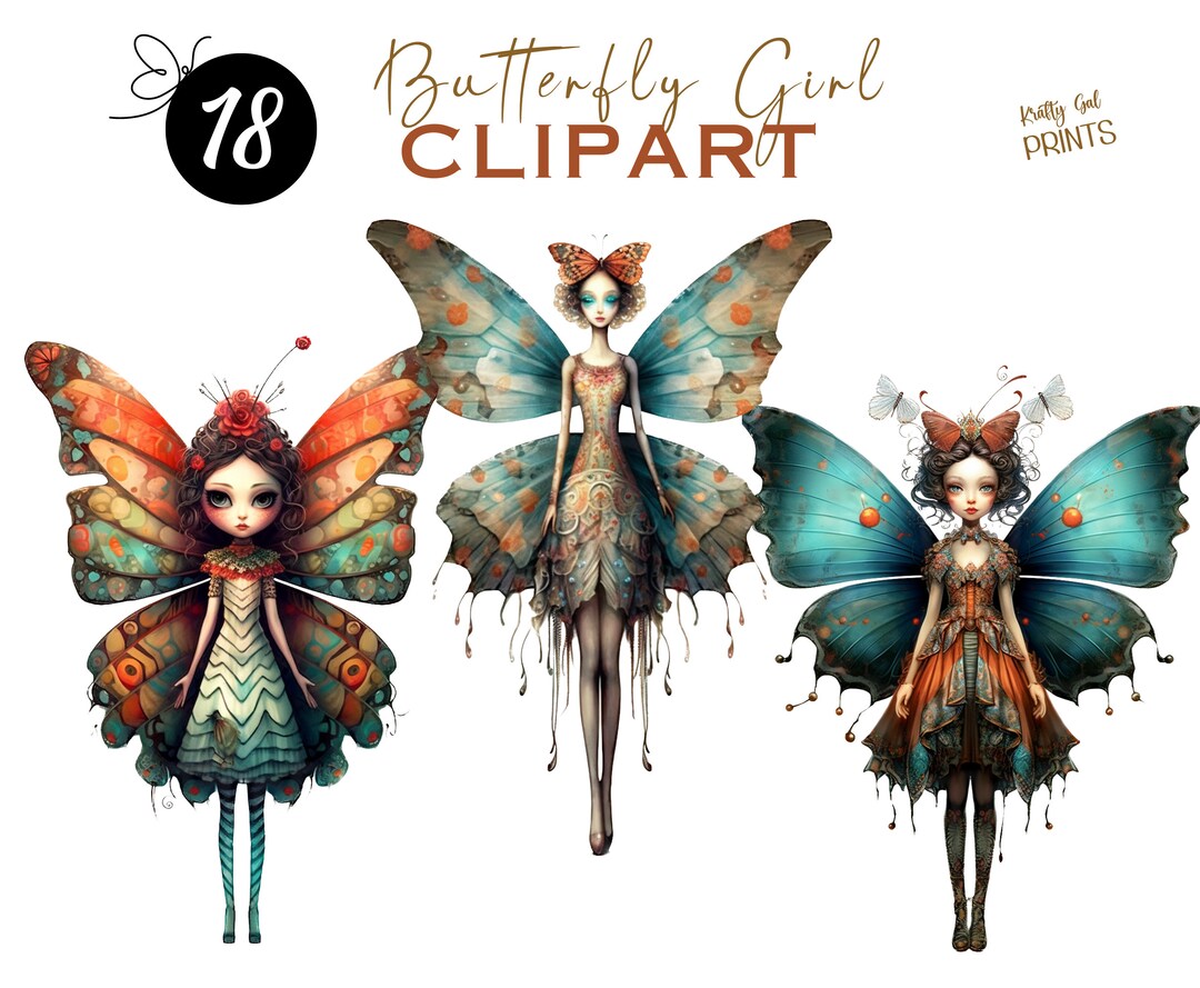Butterfly Fairy Girl Clipart Bundle: Watercolor Fantasy PNG (digital ...