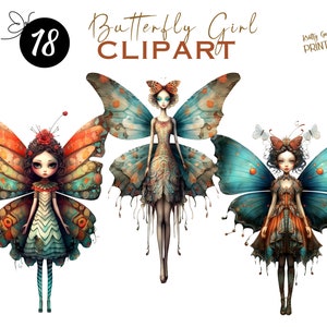 Magisches Fantasy-Schmetterlings-Feenmädchen-Clipart-Bundle, Feen-Aquarell-Clipart, Fantasy, mehrfarbig, PNG-Clipart, digitaler Download