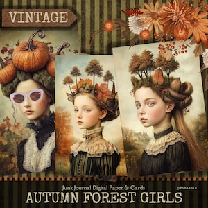 Chicas surrealistas de otoño, imágenes de personas con temática otoñal, 3 tamaños, hojas de collage imprimibles y originales, kit de diario de naturaleza, efímeras de hojas de otoño