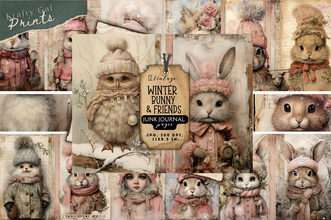 Bunny Junk Journal Kit, Vintage Bunny, Rabbit, Bunny in Winter Hat ...