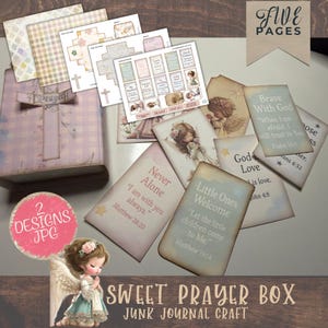 May include: A collection of craft supplies for a junk journal, including a pink cross-shaped box, decorative papers, and cards with religious quotes. The image includes the text "Sweet Prayer Box" and "2 Designs JPG".