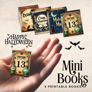 Può includere: Una collezione di libri in miniatura a tema Halloween. I libri presentano illustrazioni e testi spettrali, tra cui "October 3", "Creepy Correspondence" e "Midnight Magic". Un libro è etichettato come "Potion No. 13". Sono visibili anche le parole "Happy Halloween" e "Mini Books".