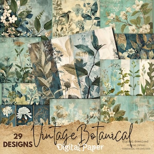 Vintage digitaal papier, blauwgroen en marineblauw digitaal papierpakket, junk Journal Botanical Scrapbook Collage Sheets, Vintage Floral - INSTANT DOWNLOAD