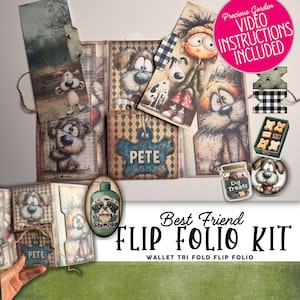 May include: A Best Friend Flip Folio Kit with a dog theme. The kit includes a wallet tri-fold flip folio with various dog-themed illustrations, tags, and embellishments. The kit includes video instructions.
