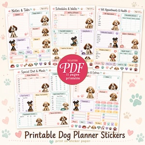 May include: Printable dog planner stickers with various sections for notes, schedules, vet appointments, and special diets. The stickers feature cute dog illustrations and are designed to be printed on sticker paper. The PDF includes 11 pages.