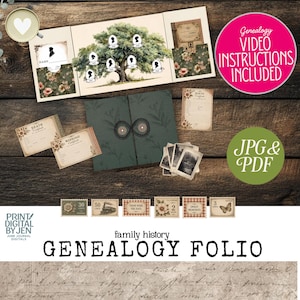 Puede incluir: Un folio de genealogía con un diseño de árbol genealógico, certificados de nacimiento, matrimonio y defunción, y sellos de estilo vintage. El folio es verde con un cierre decorativo. Incluye instrucciones en vídeo y formatos JPG y PDF.
