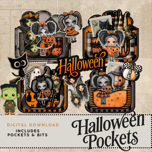 Zakken voor Halloween-junkdagboek: schattigskeletten, heksen, pompoenen (digitale JPG-download)