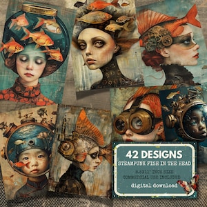 Steampunk Fishy Head Junk Journal Kit, 42 diseños temáticos de peces surrealistas y caprichosos, papeles Jpeg, 2 tamaños, CU, diarios basura, arte digital