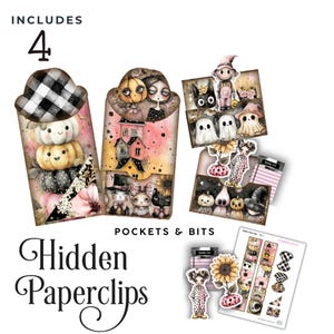 May include: A collection of Halloween-themed paperclips and pockets with illustrations of pumpkins, ghosts, and spooky characters. The set includes the text "Hidden Paperclips" and "Pockets & Bits". The color palette features pink, black, and white.