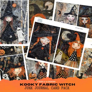 May include: A set of 16 printable junk journal cards featuring whimsical illustrations of witches with black hats, orange hair, and polka dot dresses. The cards are available in three sizes and are perfect for adding a spooky touch to your crafts.