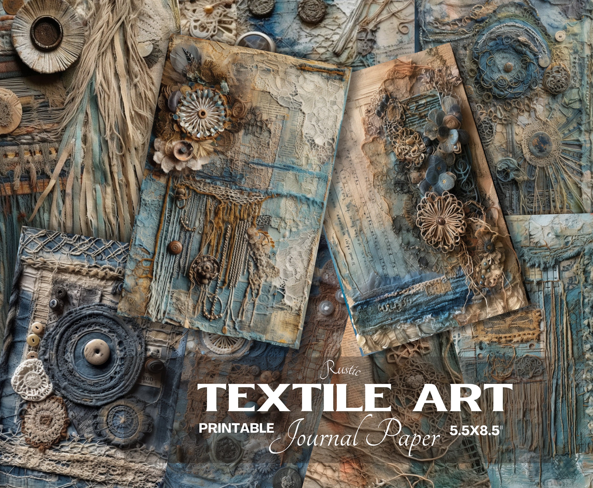 Textile Mix with Denim Collage Printable Junk Journal Paper, Digital Download for Commercial Use