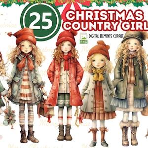 Op de afbeelding: Een set van 25 digitale clipart-afbeeldingen met illustraties van meisjes van het platteland gekleed in winterkleding. De meisjes dragen rode, groene en bruine jassen, hoeden en sjaals. De illustraties zijn in cartoon-stijl en hebben een eigenzinnige uitstraling.