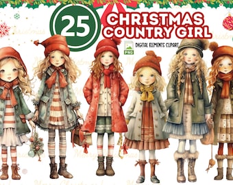 May include: A set of 25 digital clipart images featuring illustrations of country girls dressed in winter clothing. The girls are wearing red, green, and brown coats, hats, and scarves. The illustrations are in a cartoon style and have a whimsical feel.