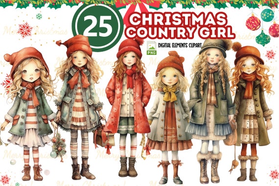 Christmas Country Girls Clipart: Watercolor Holiday PNG Bundle (Digital Download)