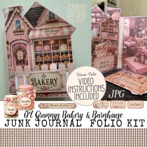 Op de afbeelding: Een junk journal folio kit met een papieren bakkerijstructuur in roze en witte tinten, gelabeld O'l Granny's Bakery. Bevat afbeeldingen van miniatuurpotjes met de tekst Vanilla en Sprinkles, plus labels voor Warm Scones, Tea Time, Sugar en Pastries.