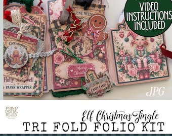 Elf Christmas Jingle Tri Fold Folio Kit | Christmas Junk Journal Printable, Holiday Ephemera