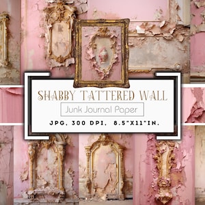 Shabby Tattered Pink Walls Junk Journal Paper, Tattered Pink & Gold Wall Printable, Pink Printable, Journal Kit, Journal Pages, Scrapbooking image 1