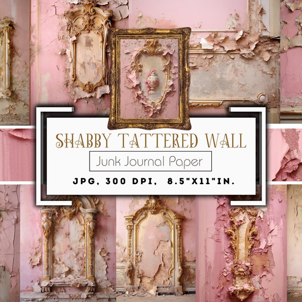 Shabby Tattered Pink Walls Junk Journal Paper, Tattered Pink & Gold Wall Printable, Pink Printable, Journal Kit, Journal Pages, Scrapbooking