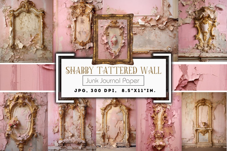 Shabby Tattered Pink Walls Junk Journal Paper, Tattered Pink & Gold Wall Printable, Pink Printable, Journal Kit, Journal Pages, Scrapbooking image 1