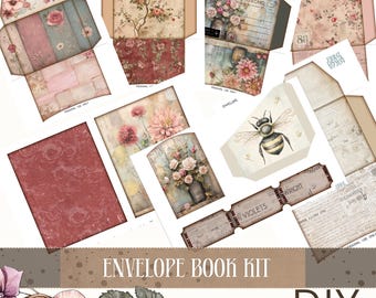 May include: A collection of vintage-style paper ephemera for DIY crafts. Includes envelopes, postcards, tickets, and decorative papers with floral and bee illustrations. The text "ENVELOPE BOOK KIT" is displayed.