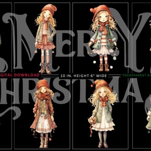 Op de afbeelding: Digitale download van acht illustraties van meisjes in winterkleding met rode mutsen en lang blond haar. De meisjes houden kerstballen vast en zijn in een rij gerangschikt met de tekst "Merry Christmas" erboven. De illustraties zijn 25,4 cm hoog en 15,2 cm breed.