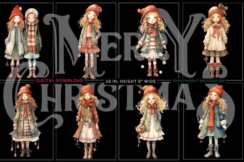 Op de afbeelding: Digitale download van acht illustraties van meisjes in winterkleding met rode mutsen en lang blond haar. De meisjes houden kerstballen vast en zijn in een rij gerangschikt met de tekst "Merry Christmas" erboven. De illustraties zijn 25,4 cm hoog en 15,2 cm breed.