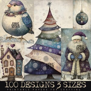 May include: A digital paper pack with 100 designs in 3 sizes. The designs feature a blue bird, a Christmas tree, a Santa Claus, and a house. The paper pack is perfect for crafting.