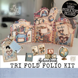 May include: A schoolbook tri-fold folio kit featuring 45 pieces across 7 pages. The kit includes paper pockets, illustrated cards with maths equations, a miniature globe, alphabet blocks, and decorative tags with children and school-themed graphics.