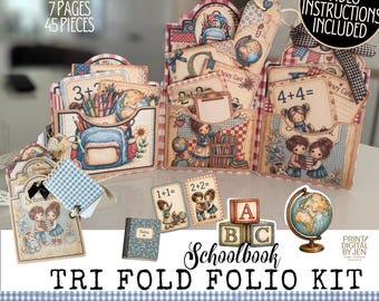 School Book Trifold Folio Kit, Printable Junk Journal Digital DIY Homemade Cra