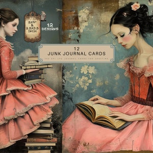 Menina vintage lendo páginas de diário lixo, cartões de diário, grunge, diário imprimível, folha de colagem, papel de scrapbook, kit digi de diário lixo