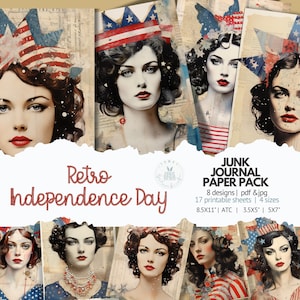 4 juillet Retro Lady Junk Journal Pack de papier pour numérique, téléchargement, Junk Journal, fournitures, techniques mixtes, scrapbooking, ATC jour de l'indépendance