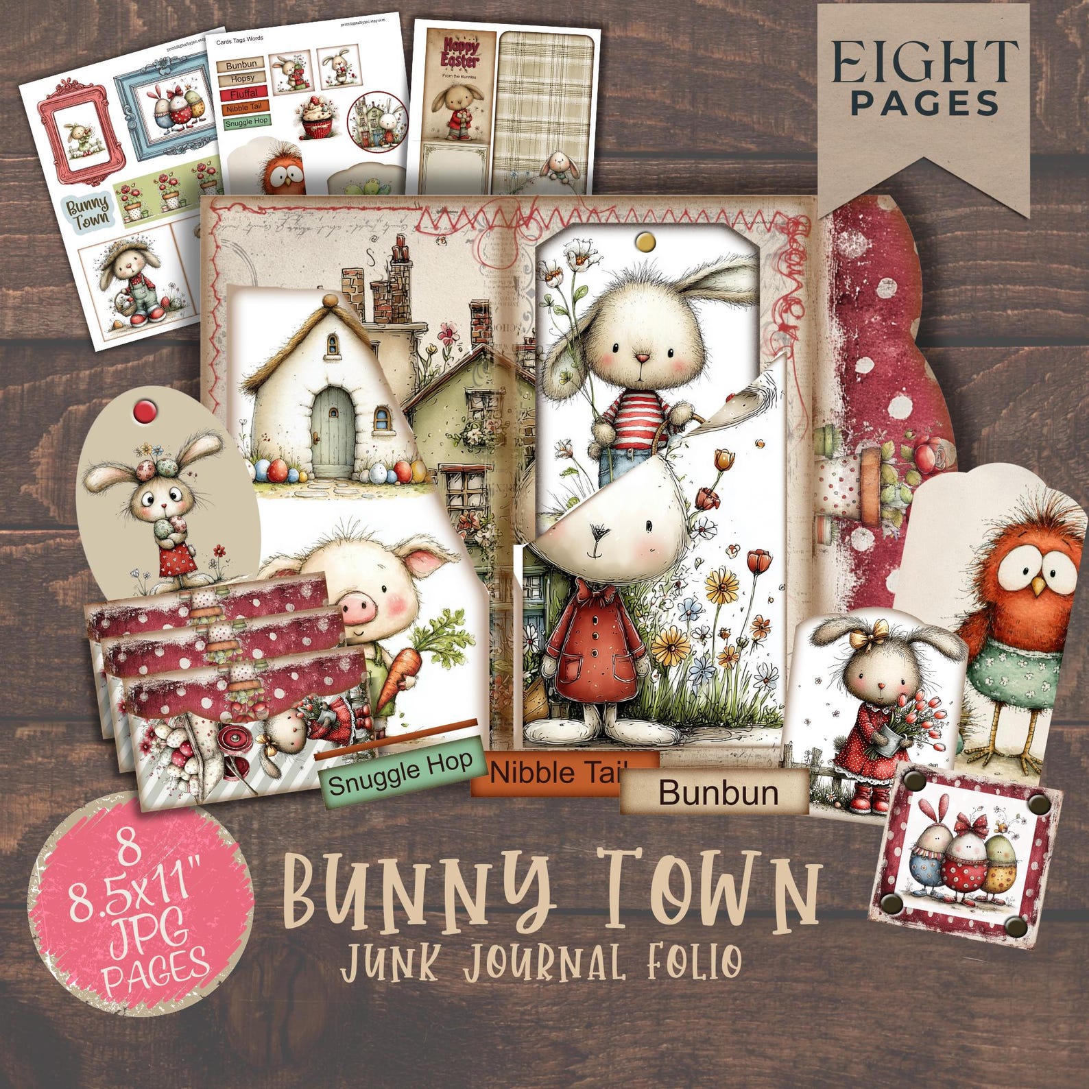 Bunny Junk Journal Easter Folio Kit Digital Ephemera Pockets Tags 8 ...