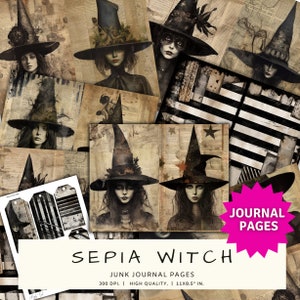 Witch Junk Journal Pages, Gothic Halloween Scrapbooking Page, Vintage Journal Pages, Printable Paper, Collage Sheet Digital Download