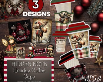 Kanadische Winter Kaffeetasse Versteckte Notiz, Junk Journal Printable Kit zum digitalen Download