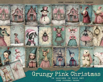 Può includere: Un foglio di collage digitale con 38 disegni con un tema natalizio rosa grunge. I disegni includono una varietà di immagini, come case, pupazzi di neve, animali e decorazioni natalizie. Il testo "Grungy Pink Christmas" e "38 Designs in this Set" è incluso sul foglio.