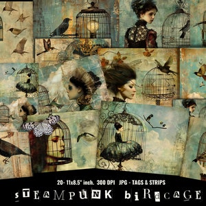 Cage à oiseaux steampunk et pages victoriennes de journal indésirable Lady, CU, feuilles imprimables usage commercial, Jpeg, scrapbooking, pages imprimables 11 x 8,5 po