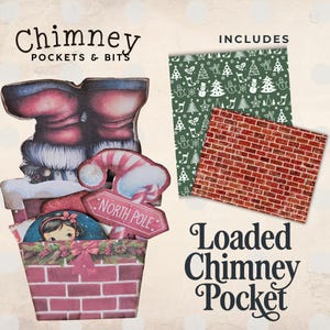 Puede incluir: Un kit de manualidades con temática navideña con un diseño de bolsillo de chimenea. El kit incluye una chimenea con diseño de ladrillos, las botas de Papá Noel, un letrero del Polo Norte y papel estampado. Las palabras "Chimney Pockets & Bits" y "Loaded Chimney Pocket" son visibles.