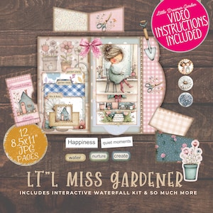 May include: A scrapbook kit titled "Lt'l Miss Gardener" with a watercolor illustration theme. The kit includes a variety of decorative elements, including a pink bow, scissors, and a small shovel. The kit includes 12 JPG pages, and the words "Video Instructions Included" are visible.