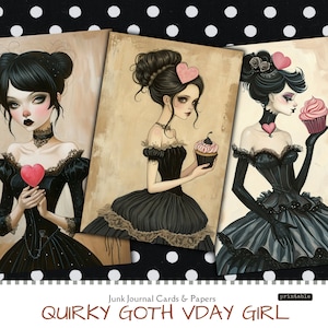 Quirky Gothic Girl, papéis de diário indesejados do Dia dos Namorados, folha de colagem de papéis digitais, coisas efêmeras imprimíveis para fazer cartões e scrapbooking