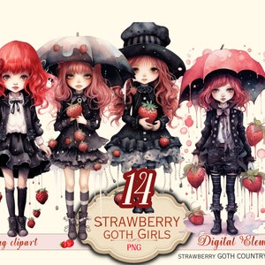 Strawberry Goth Country Girl png clipart, Ragazza con fragola Clipart, Junk Journal stampabile, Junk Journal Paper, Download digitale