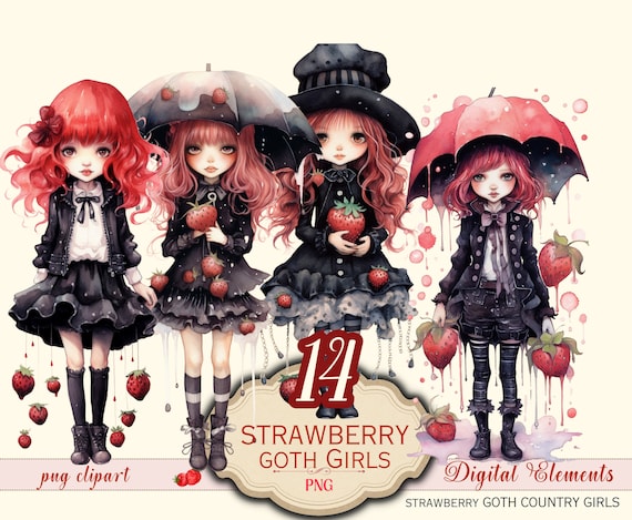 Strawberry Goth Girl Clipart: Junk Journal PNG (Digital Download)