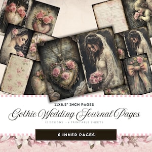 Junk Journal Druckbare Gothic Hochzeit Papiere, Viktorianisch, 6 Digitale Journal Seiten, Ephemera Papierhandwerk, Französisches Hochzeit Grunge Junk Journal