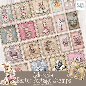 Sellos falsos de Pascua, Cottagecore, huevos de Pascua, clipart de conejito de Pascua, kit de diario basura, sellos postales, clipart de primavera, diseño de conejo, Pascua