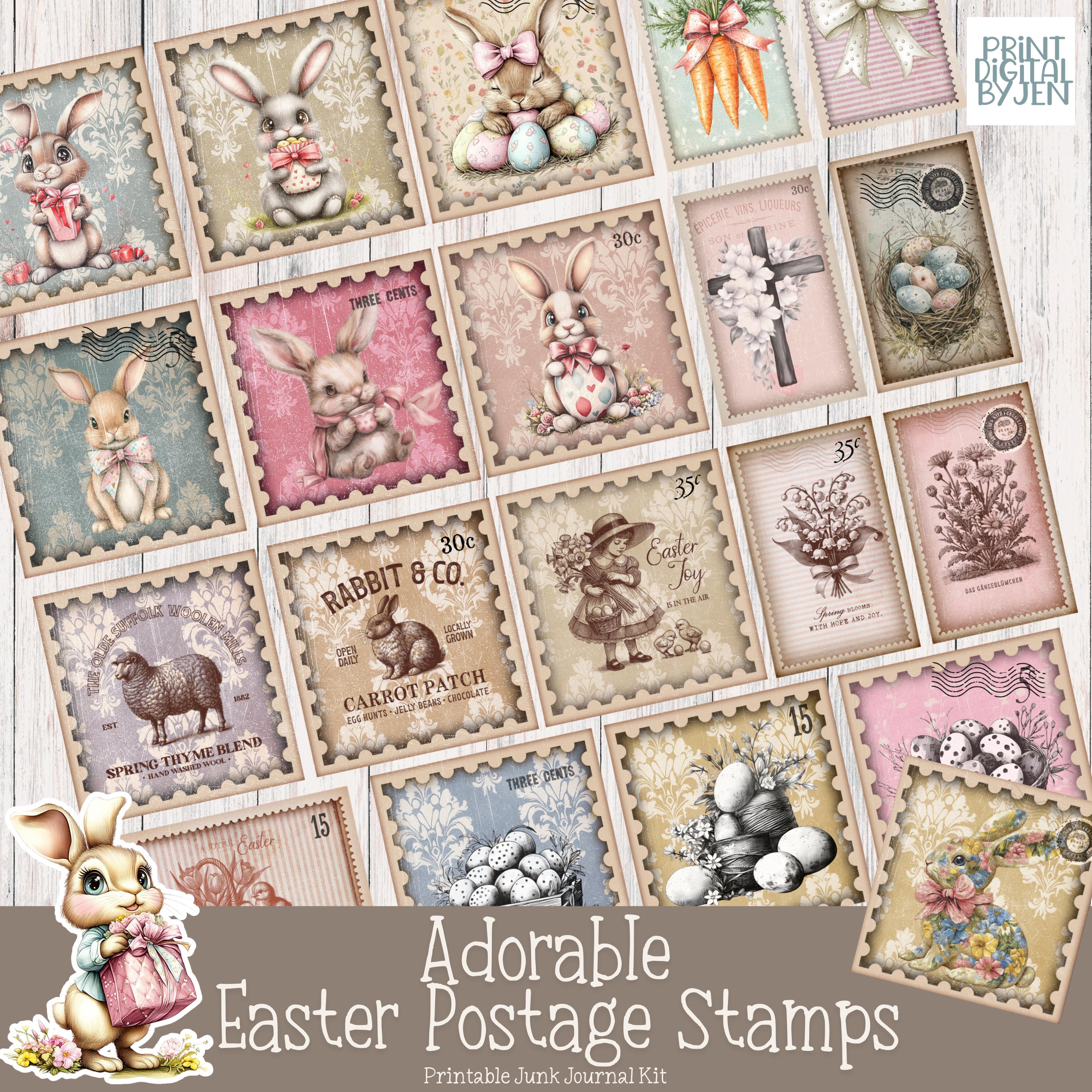 Francobolli finti di Pasqua: Clipart primaverile Cottagecore (download digitale JPG)