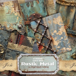 Papéis de diário de metal rústico e estopa, cartões de diário, páginas de diário de sucata, scrapbook para impressão, materiais de colagem, itens digitais